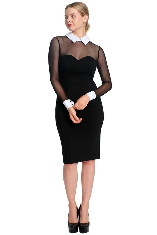 Tuxedo Illusion Sheath Dress - Long Sleeve Midi Dress, Black &amp; White