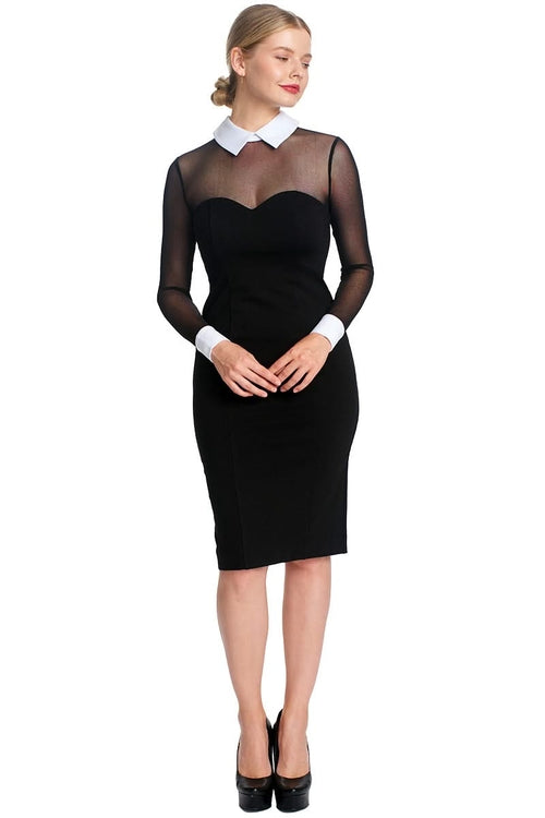 Tuxedo Illusion Sheath Dress - Long Sleeve Midi Dress, Black &amp; White