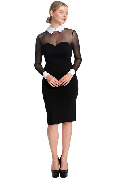 Tuxedo Illusion Sheath Dress - Long Sleeve Midi Dress, Black &amp; White