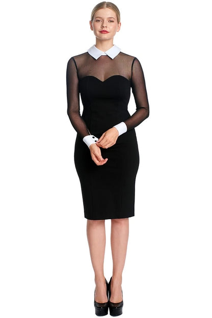Tuxedo Illusion Sheath Dress - Long Sleeve Midi Dress, Black &amp; White