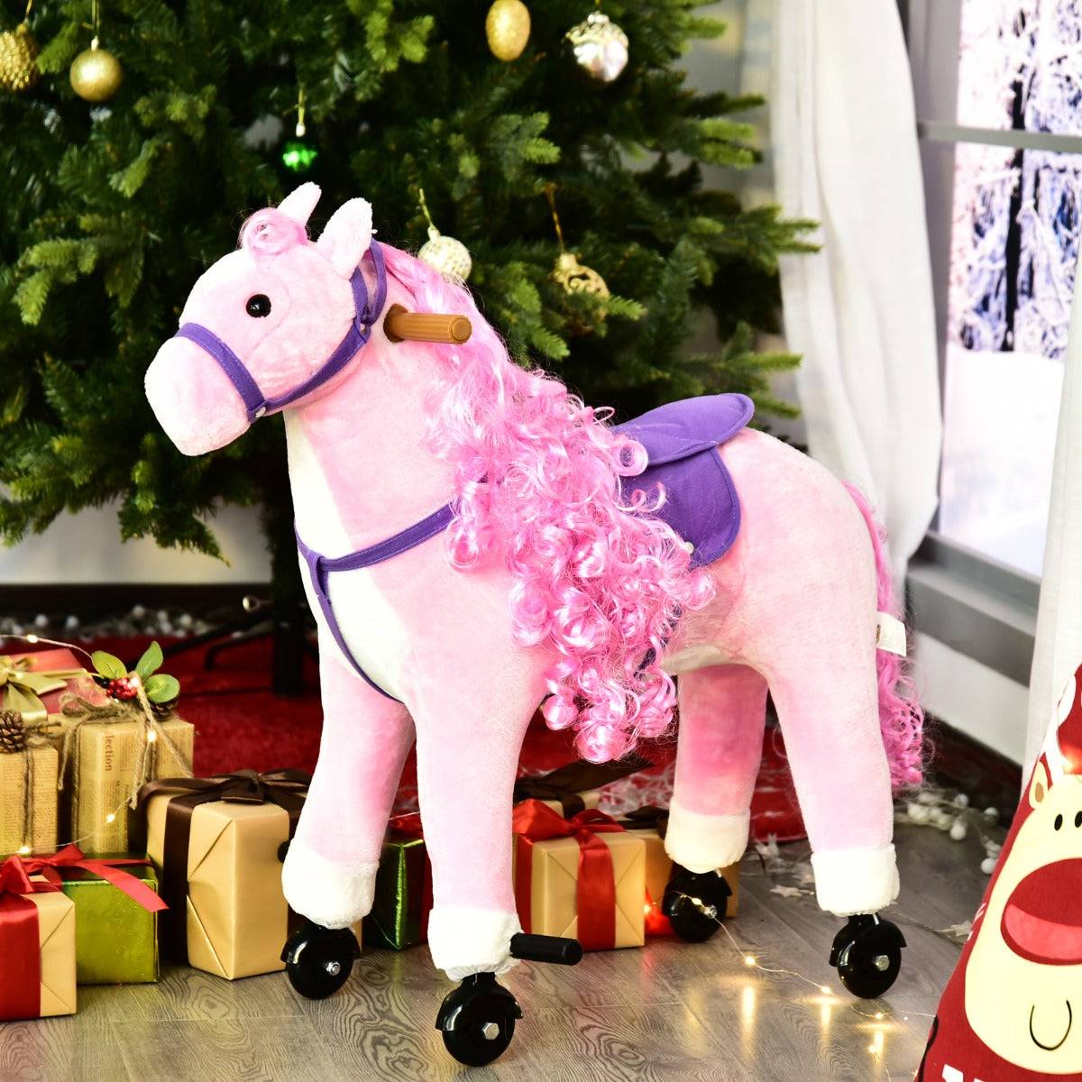 Qaba Kids Walking Pony Ride on Toy Rocking Horse Neigh Sound Plush w/